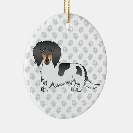 Black and Tan Piebald Long Hair Dachshund & Text Keramisch Ornament (Rechts)