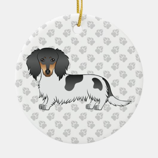 Black and Tan Piebald Long Hair Dachshund & Text Keramisch Ornament (Voorkant)