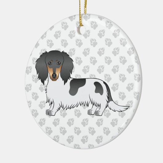 Black and Tan Piebald Long Hair Dachshund & Text Keramisch Ornament (Links)