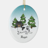 Black and Tan Pied Long Hair Dachshund in Winter Keramisch Ornament (Rechts)