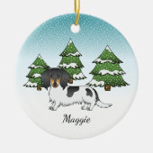 Black and Tan Pied Long Hair Dachshund in Winter Keramisch Ornament (Voorkant)