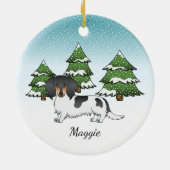 Black and Tan Pied Long Hair Dachshund in Winter Keramisch Ornament (Achterkant)