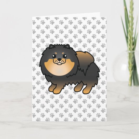 Black and Tan Pomeranian Cute Cartoon Dog & Paws Kaart (Voorkant)