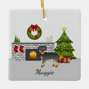 Black and Tan Rottweiler Dog in een kerstzaal Keramisch Ornament