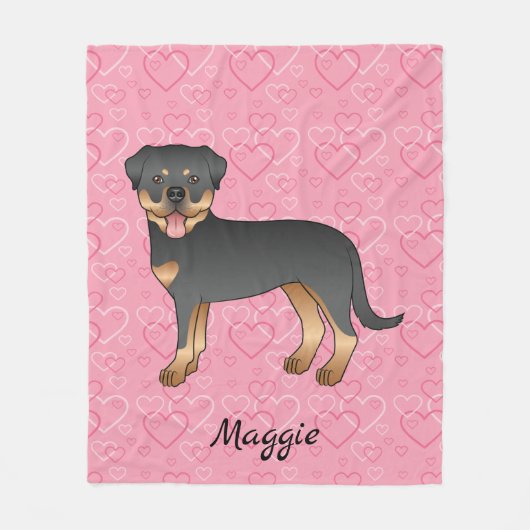 Black and Tan Rottweiler on Roze Hearts & Name Fleece Deken (Voorkant)