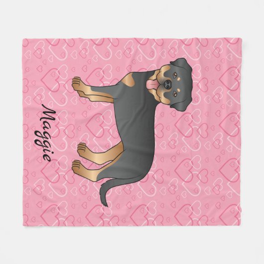 Black and Tan Rottweiler on Roze Hearts & Name Fleece Deken (Voorkant (Horizontaal))
