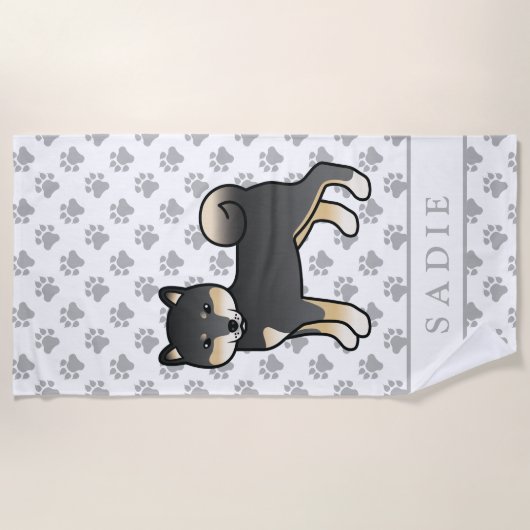 Black and Tan Shiba Inu Cartoon Dog & Name Strandlaken (Voorkant)