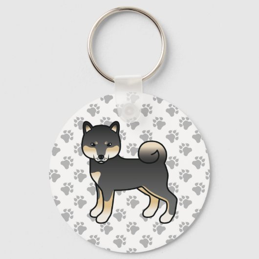 Black and Tan Shiba Inu Cartoon Dog & Paws Sleutelhanger (Voorkant)