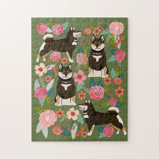 Black and Tan Shiba Inu Florals Legpuzzel (Verticaal)