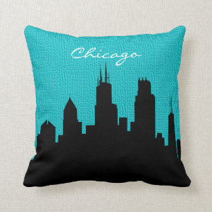 Black and Turquoise Burlap Chicago Skyline Print Kussen
