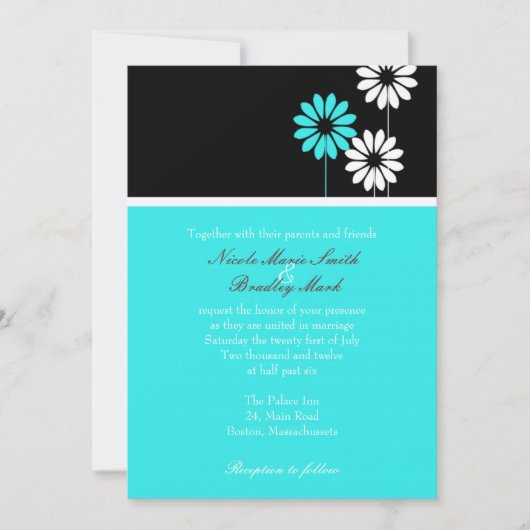 Black and Turquoise Daisy Wedding Invitation Kaart (Voorkant)