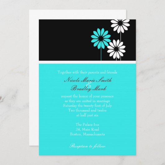 Black and Turquoise Daisy Wedding Invitation Kaart (Voorkant / Achterkant)
