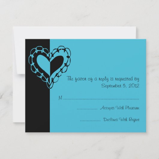Black and Turquoise Heart Wedding RSVP Kaartje (Voorkant)