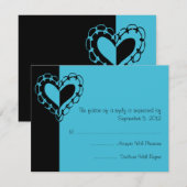 Black and Turquoise Heart Wedding RSVP Kaartje (Voorkant / Achterkant)