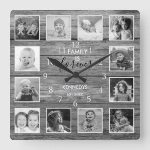 Black and White 12 Photo Collage Family Name Wood  Vierkante Klok