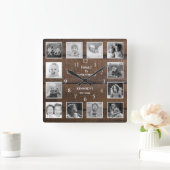 Black and White 12 Photo Family Quote Brown Wood Vierkante Klok (Huis)