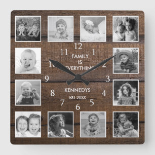 Black and White 12 Photo Family Quote Brown Wood Vierkante Klok