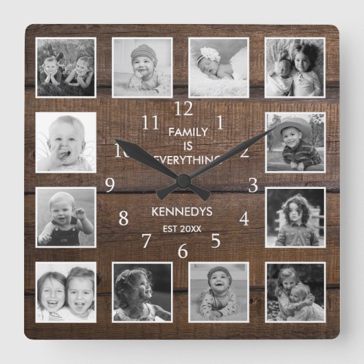 Black and White 12 Photo Family Quote Brown Wood Vierkante Klok (Voorkant)