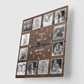 Black and White 12 Photo Family Quote Brown Wood Vierkante Klok (Hoek)