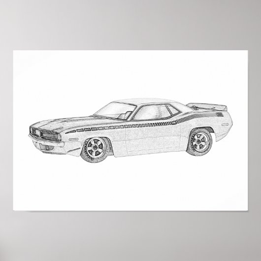 Black and White 1970 Plymouth Barracuda Drawing Poster (Voorkant)