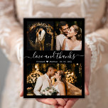 Black and White 3 Photo Collage Weddenschap Bedank Briefkaart<br><div class="desc">Moderne, elegante hand met briefjes Black en White Wedding 3 Foto Collage Hartelijk dank. Minimalistische bruiloft bedankt je sjabloon met drie (3) foto op de voorkant en één foto op de achterkant. Met de tekst "Liefde en bedankt" in een handgeschreven lettertype van typografie met letters en een wasachtige witte kleur...</div>