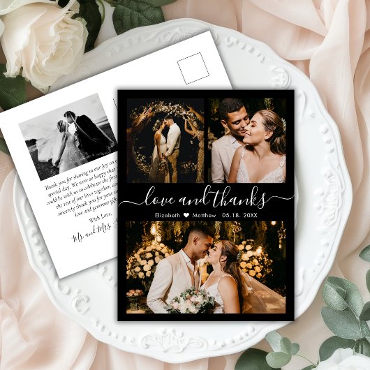 Black and White 3 Photo Collage Weddenschap Bedank Briefkaart