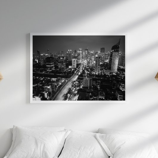 Black and White Aerial City Skyline Night Poster