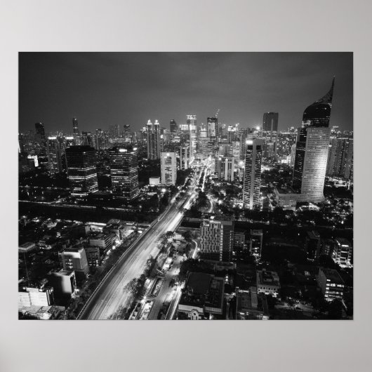 Black and White Aerial City Skyline Night Poster (Voorkant)