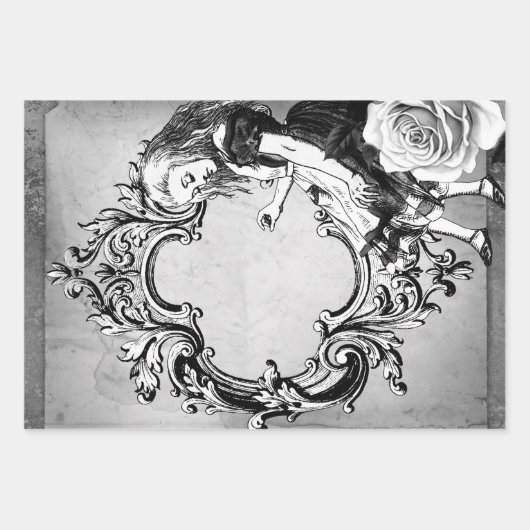 Black and White Alice in Wonderland Lijst Inpakpapier Vel (Voorkant 3)