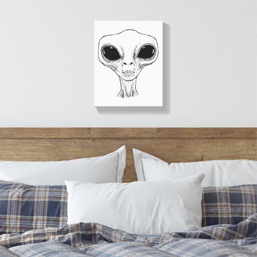 Black and White Alien Head Illustration Canvas Afdruk (Insitu (Slaapkamer))