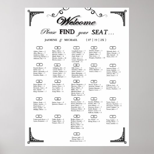 Black and White Alphabetical Wedding Seating Chart Poster (Voorkant)