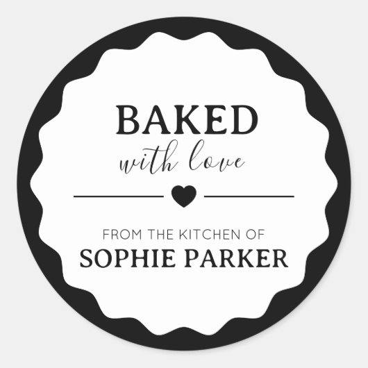 Black and White  Baked With Love Scallop Sticker (Voorkant)