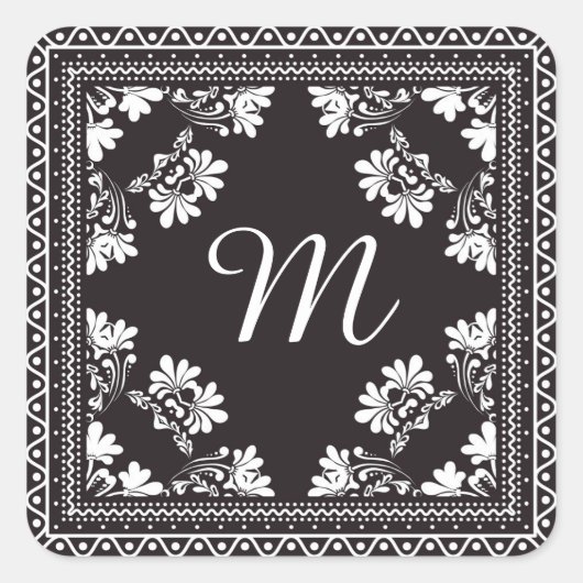 Black and White Bandanna Monogram Vierkante Sticker (Voorkant)
