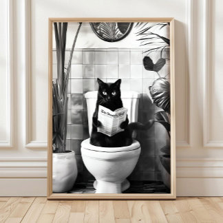 Black and White Bathroom Cat Print, Funny Posters, Poster