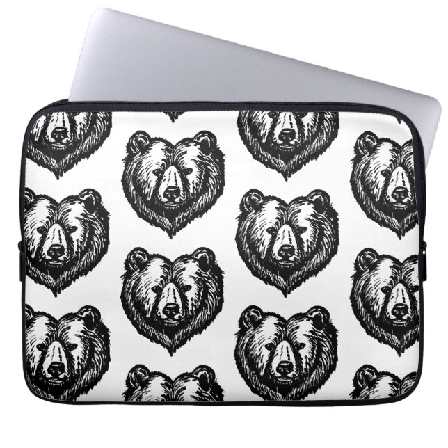 Black and White Bear's Face Ink Drawing Laptop Sleeve (Voorkant)