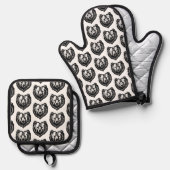 Black and White Bear's Face Ink Drawing Ovenwant & Pannenlap Set (Voorkant / Achterkant)