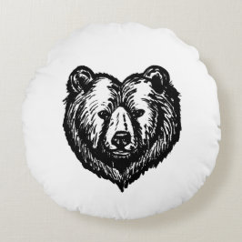 Black and White Bear's Face Ink Drawing Rond Kussen
