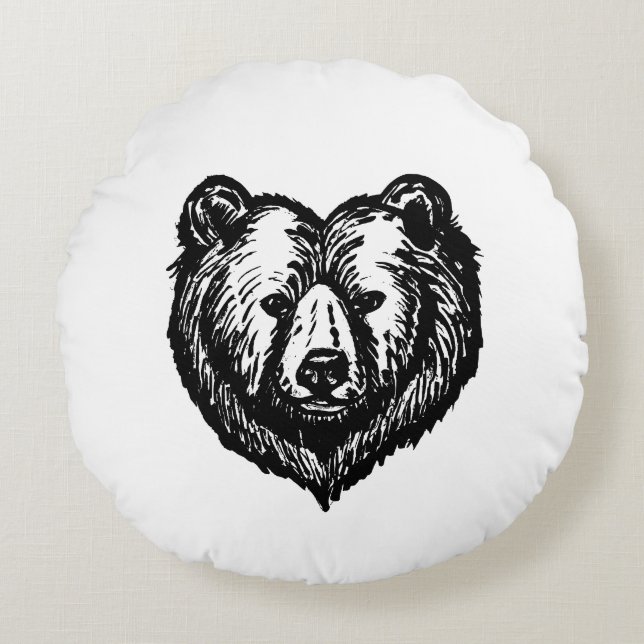 Black and White Bear's Face Ink Drawing Rond Kussen (Voorkant)