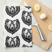 Black and White Bear's Face Ink Drawing Theedoek (Quarter Fold)