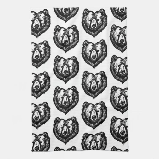 Black and White Bear's Face Ink Drawing Theedoek (Verticaal)