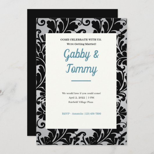 Black and White Black Damask Invitation Kaart (Voorkant / Achterkant)