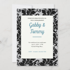 Black and White Black Damask Invitation Kaart