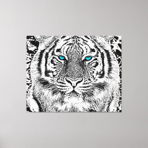 Black and White Blue Eyes Tiger Graphic Canvas Afdruk