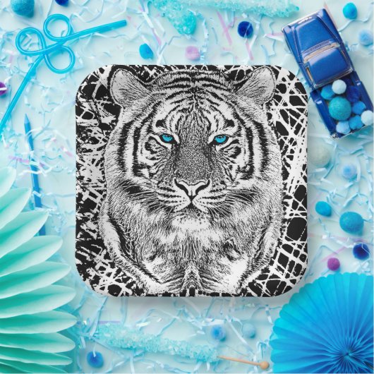 Black and White Blue Eyes Tiger Graphic Papieren Bordje (Feest)