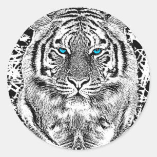 Black and White Blue Eyes Tiger Graphic Ronde Sticker