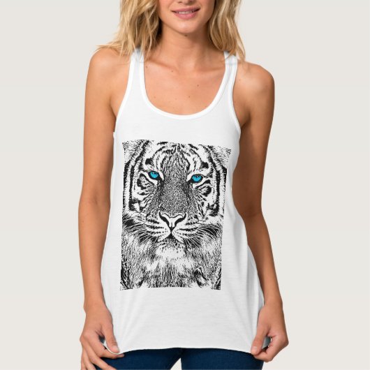 Black and White Blue Eyes Tiger Graphic Tanktop (Voorkant)