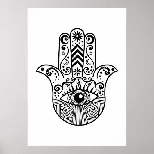 Black and White Boho Hamsa Hand Art Poster (Voorkant)
