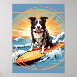 Black and White Border Collie Surfing Poster