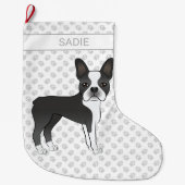 Black and White Boston Terrier Cartoon Dog & Name Grote Kerstsok (Voorkant)