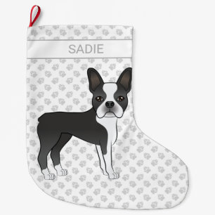 Black and White Boston Terrier Cartoon Dog & Name Grote Kerstsok